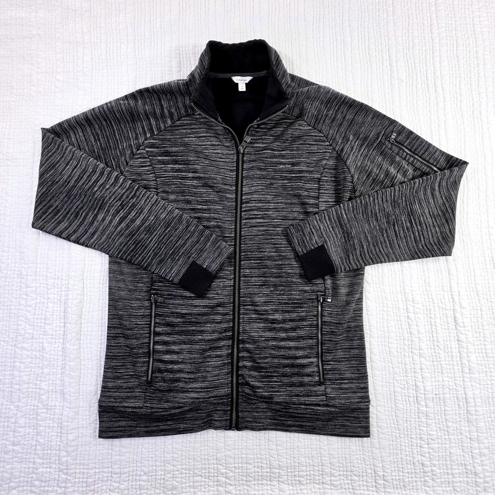 Calvin Klein Full Zip Jacket Men Medium Black Gray EUC Space Dye Mock Neck